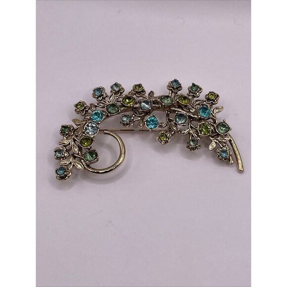 Vintage MONET Green & Blue Rhinestone Gold Tone Feather Floral Swirl Brooch Pin - Picture 1 of 14